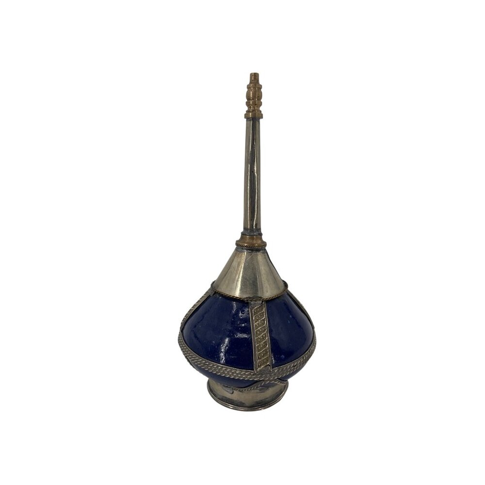 Moroccan Cobalt Vintage Blue Enamel Silver Perfume Bottle Intricate Detailing